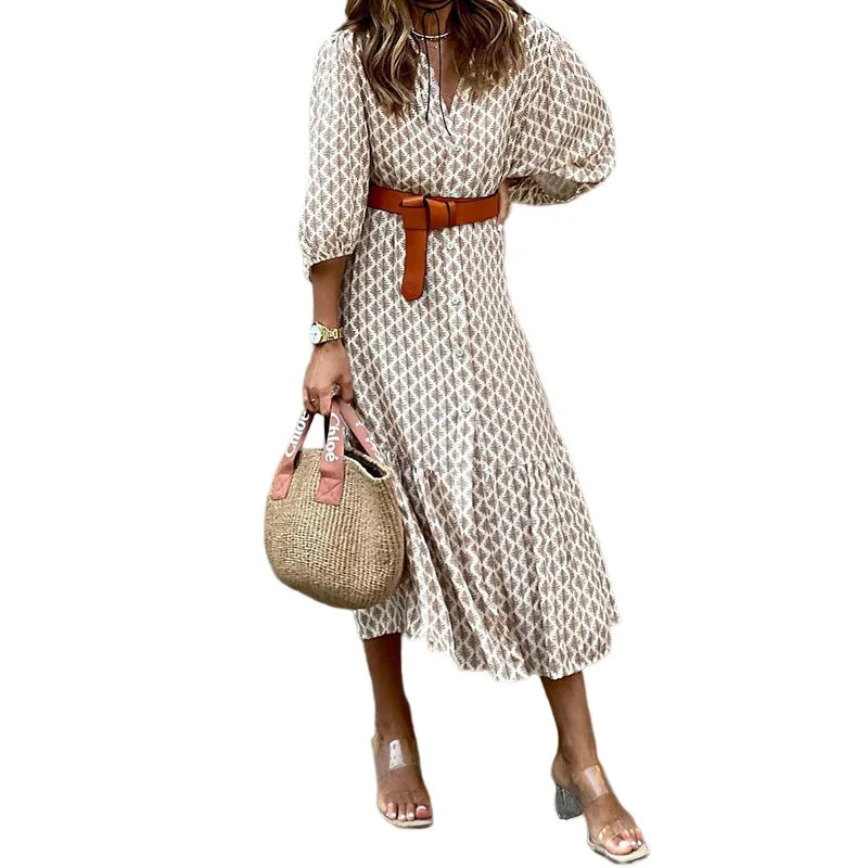 Autumn V-Neck Printed Bubble Sleeve Midi Dress With Belt