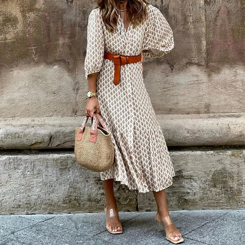 Autumn V-Neck Printed Bubble Sleeve Midi Dress With Belt