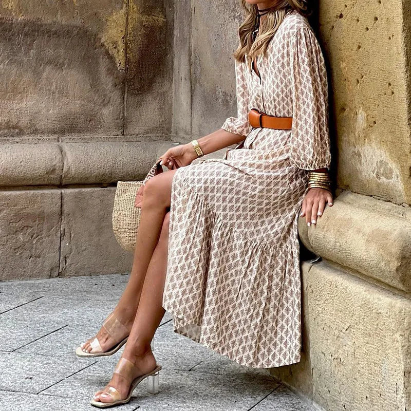 Autumn V-Neck Printed Bubble Sleeve Midi Dress With Belt