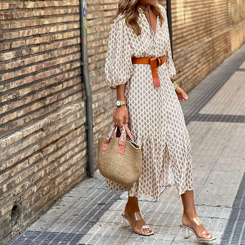 Autumn V-Neck Printed Bubble Sleeve Midi Dress With Belt