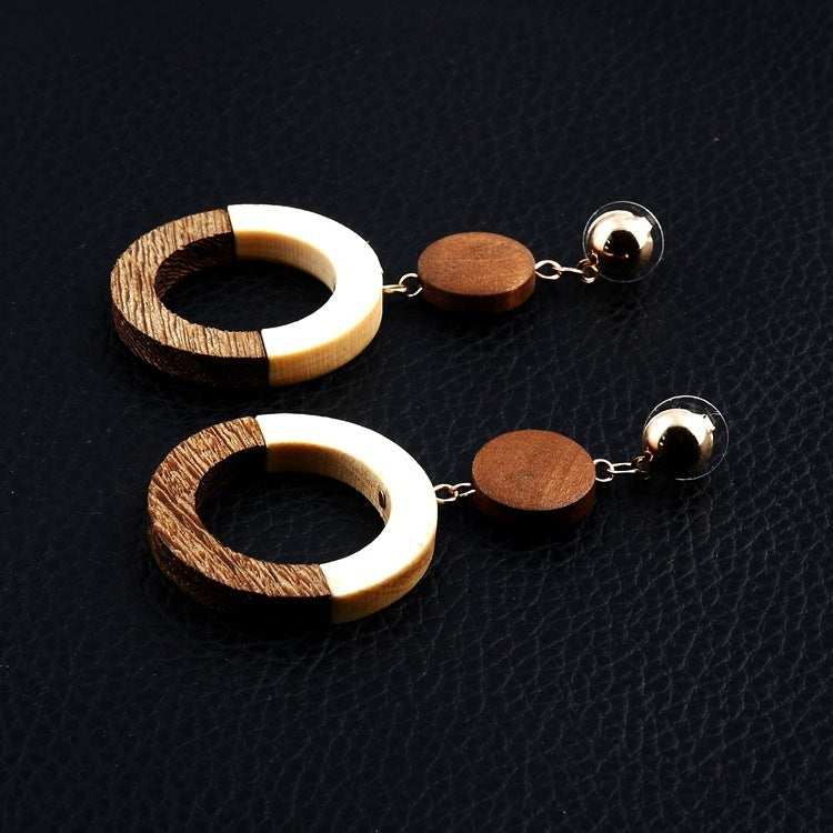 Vintage Wooden Hoop Post Dangle Earrings