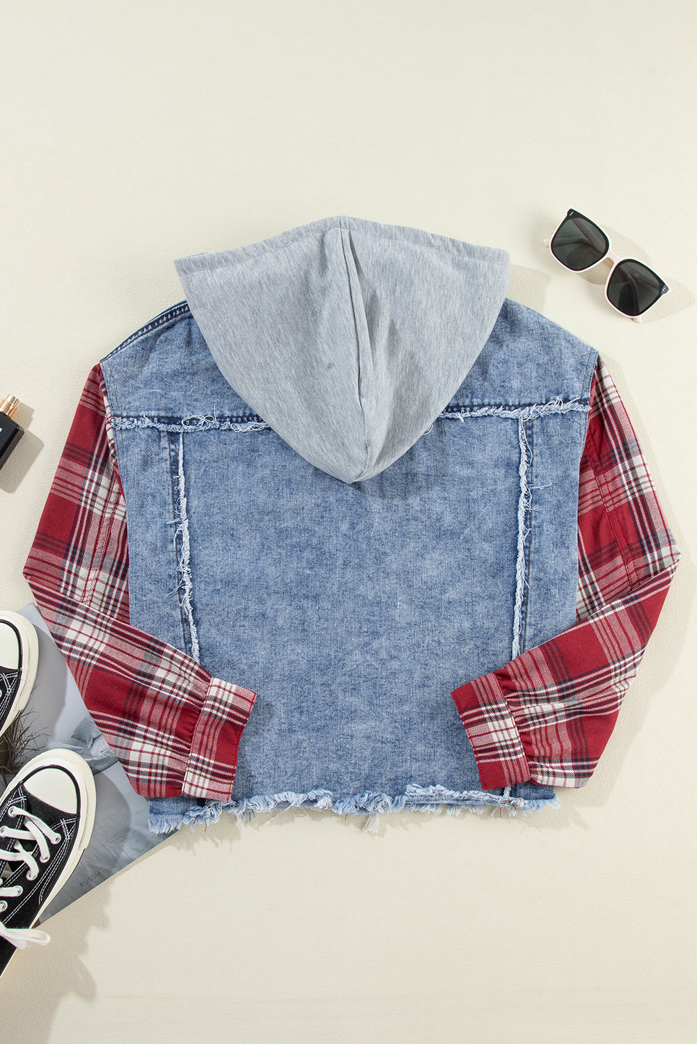 Blue Denim with Red Plaid Patchwork Hooded Raw Hem Jacket