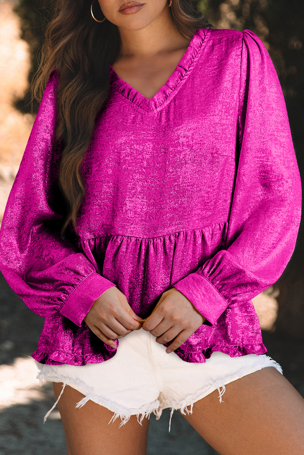 Magenta Metallic Frilled V Neck Blouse