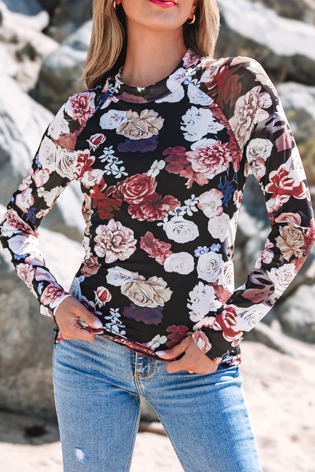 Black Floral Mesh Mock Neck Long Sleeve Top