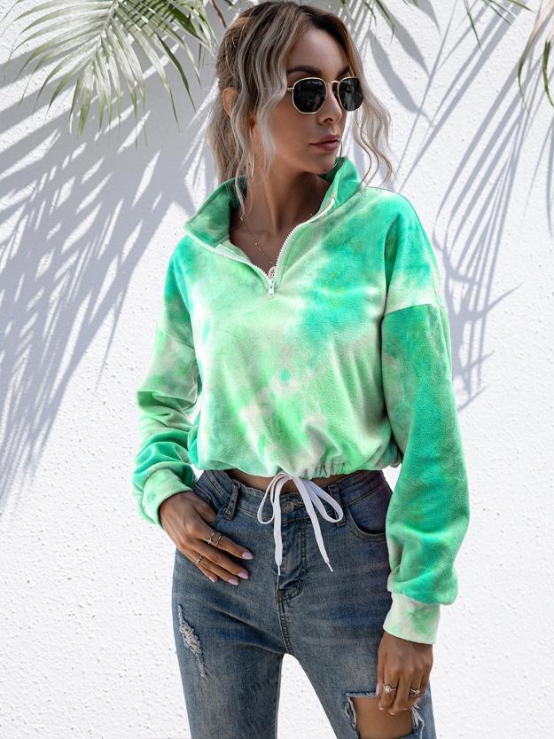 Green Tie-Dye Quarter Zip Dropped Shoulder Sweatshirt