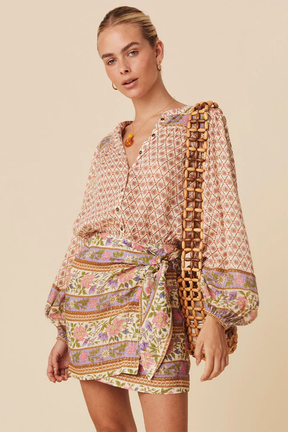 Boho Mixed Print Puff Sleeve Blouse