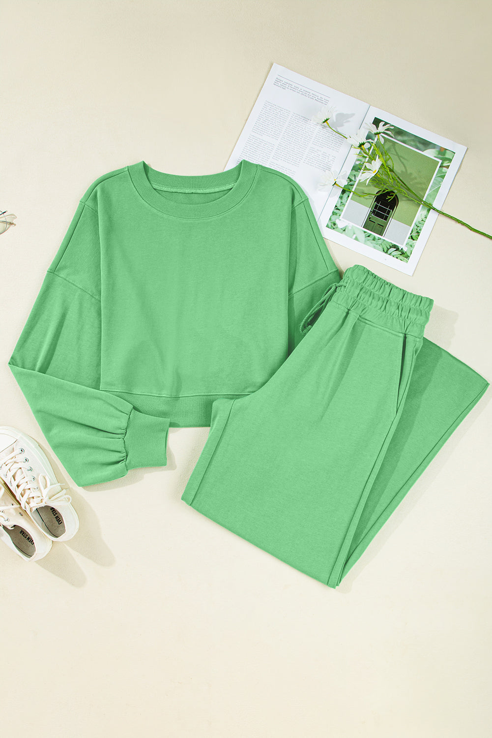 Bright Green Crop Pullover Wide Leg Pants Set
