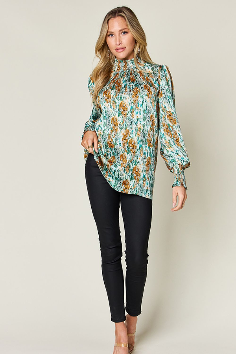Abstract Smocked High Neck Long Sleeve Blouse