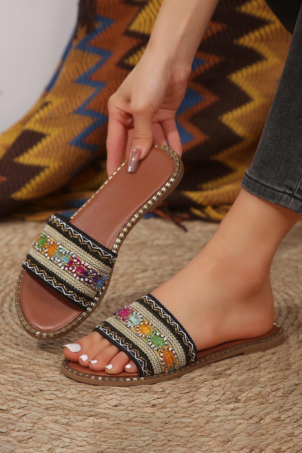 Boho Crocheted Faux Leather Slides
