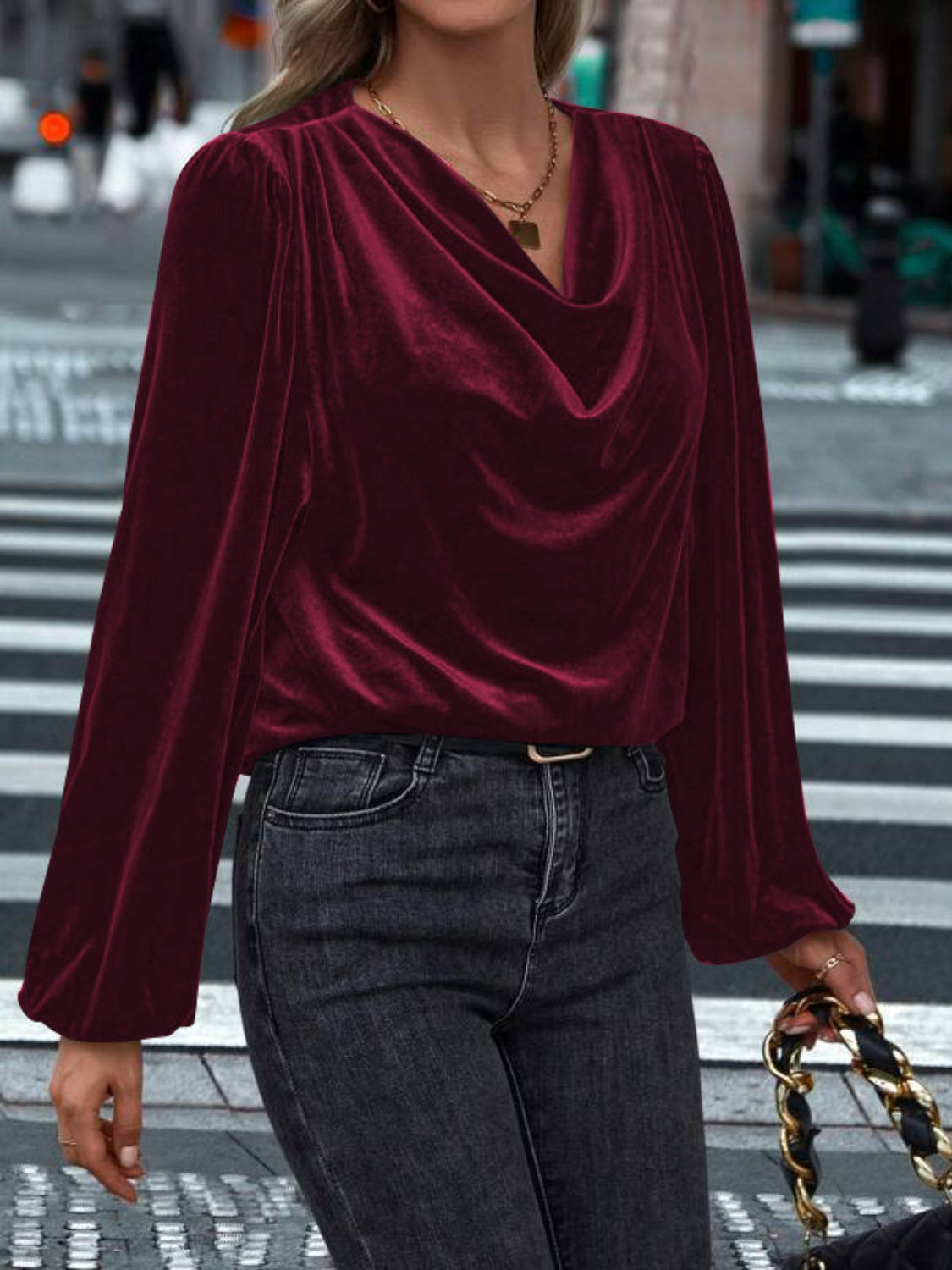 Lovelet Cowl Neck Long Sleeve Velvet Blouse