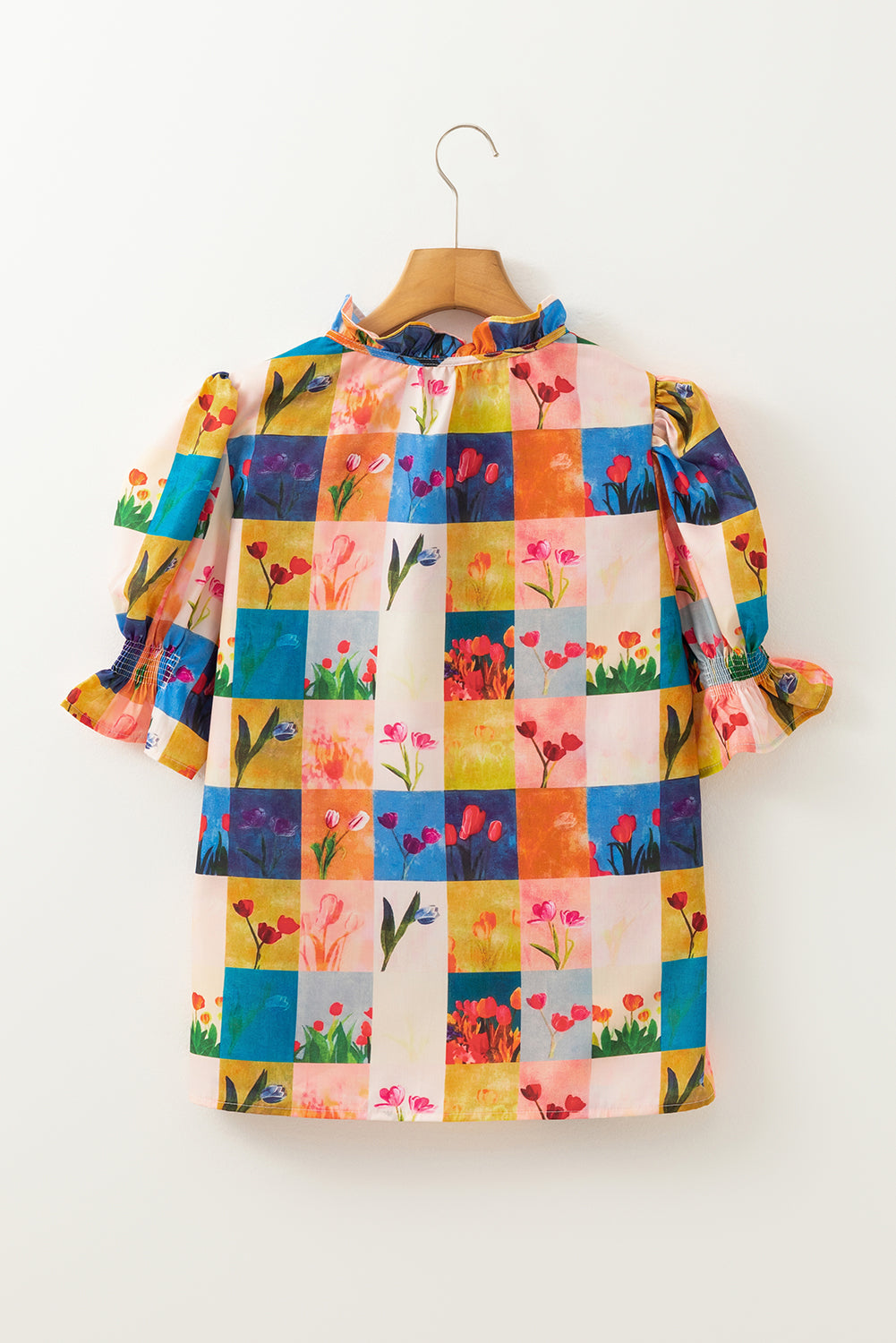 Multicolour Floral Checker Print Ruffled Half Puff Sleeve Blouse