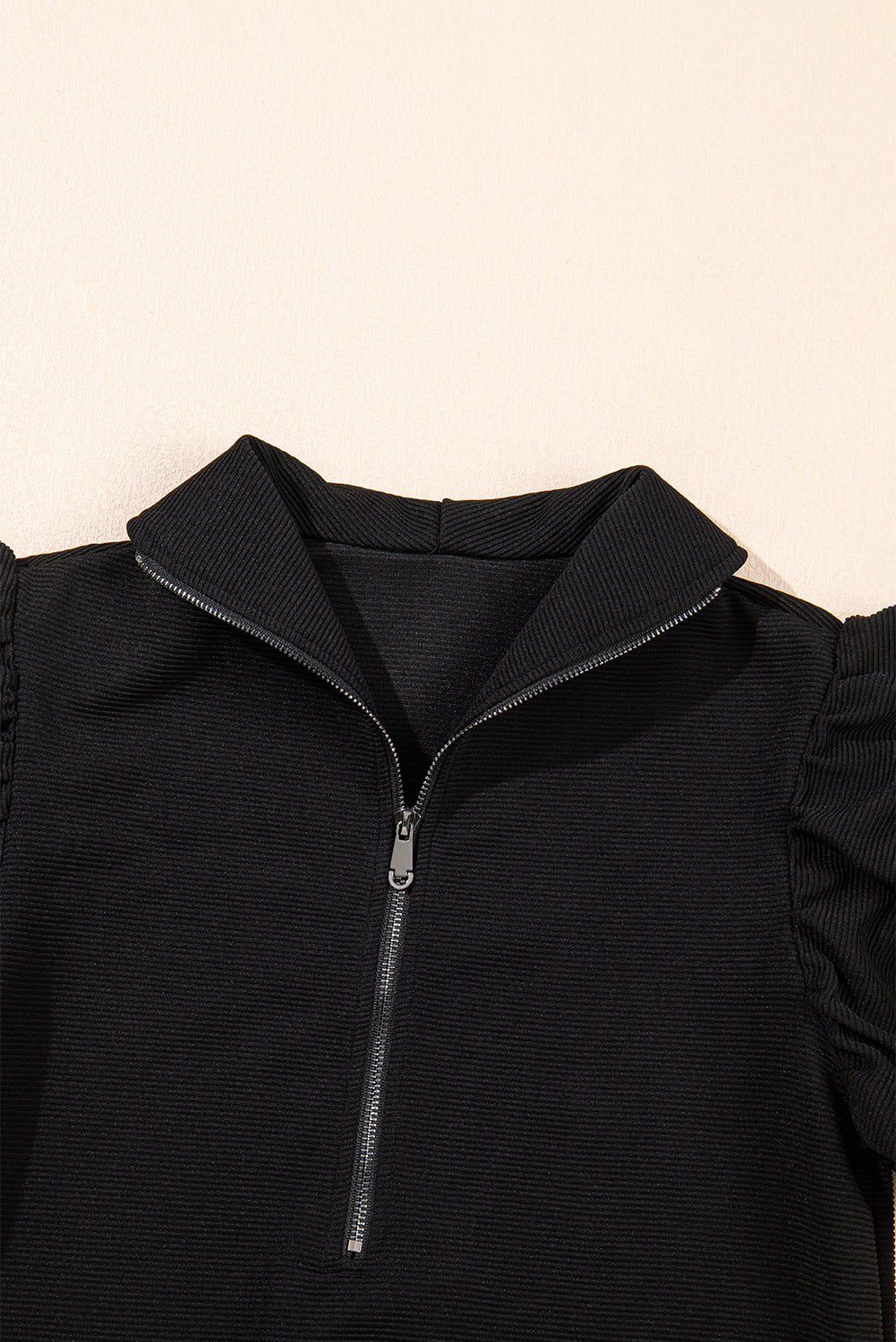 Black Textured Flutter Sleeve Zipped Top and Wide Leg Capris Set