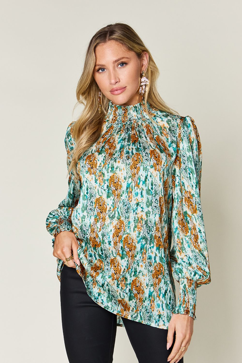 Abstract Smocked High Neck Long Sleeve Blouse