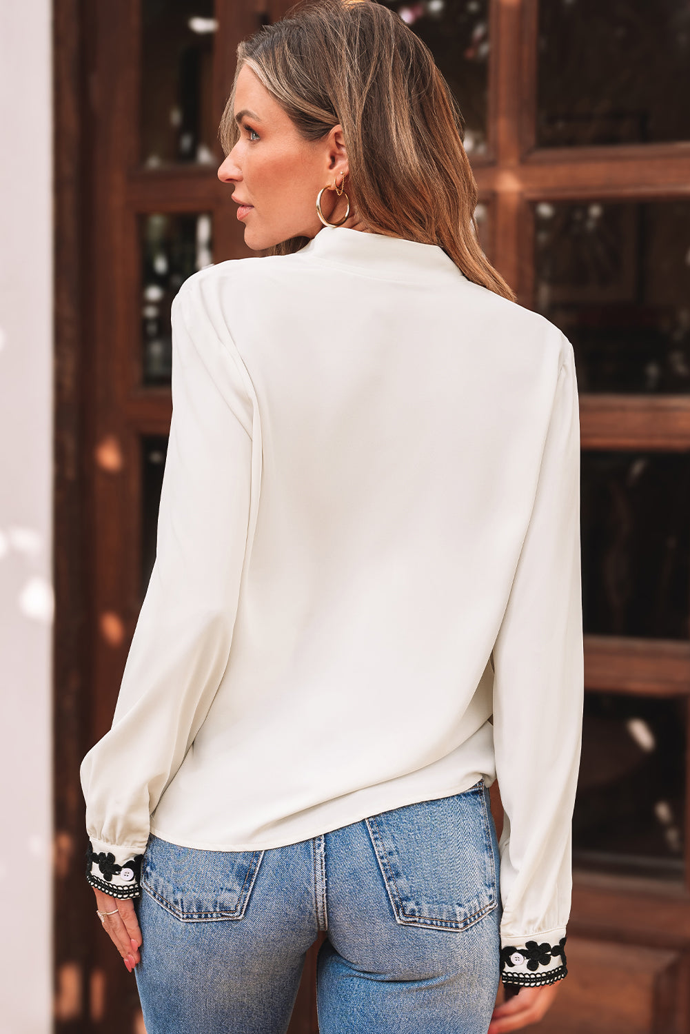 Beige Floral Embroidered Collarless Neck Button Up Shirt