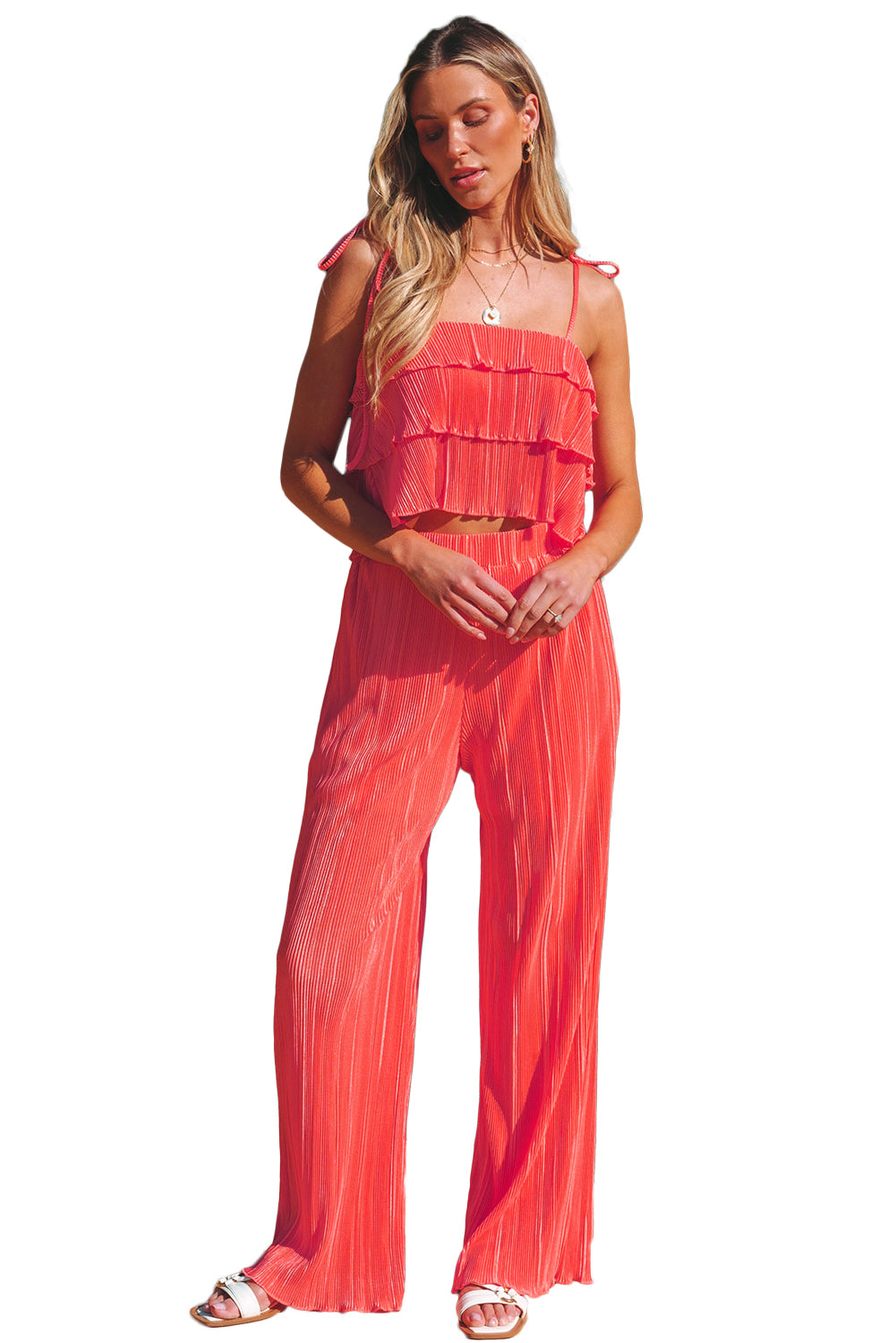 Orange Ruffle Tiered Cami Pleated Wide Leg Pants Set