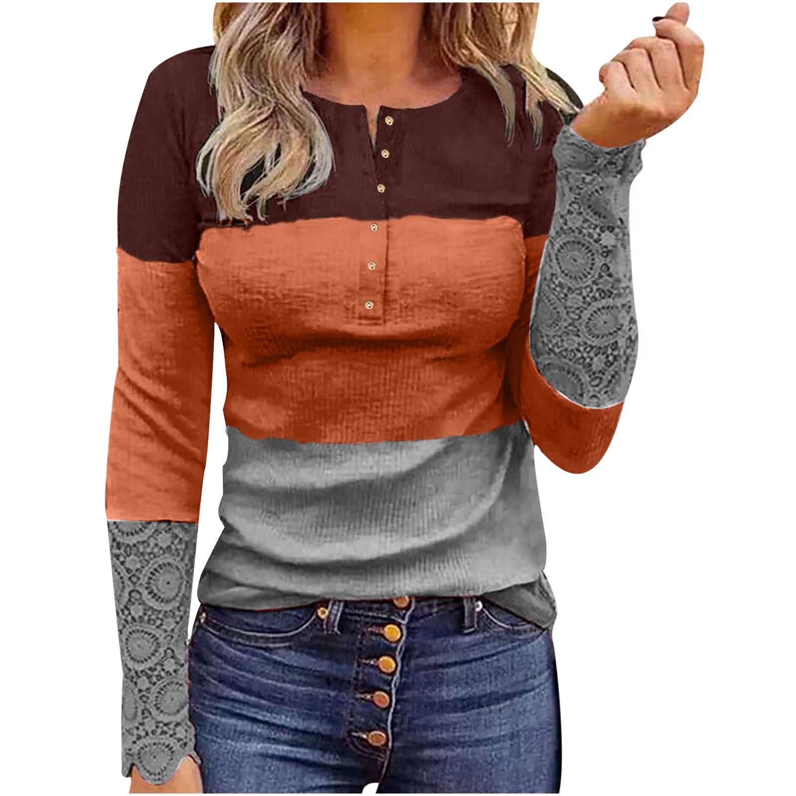 Color Block Long Sleeved Slim Fit Henley