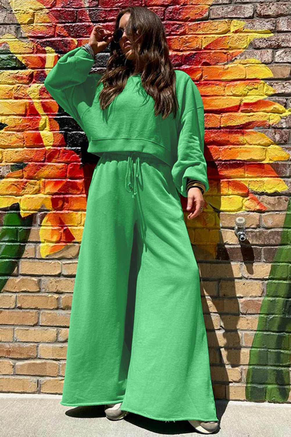Bright Green Crop Pullover Wide Leg Pants Set