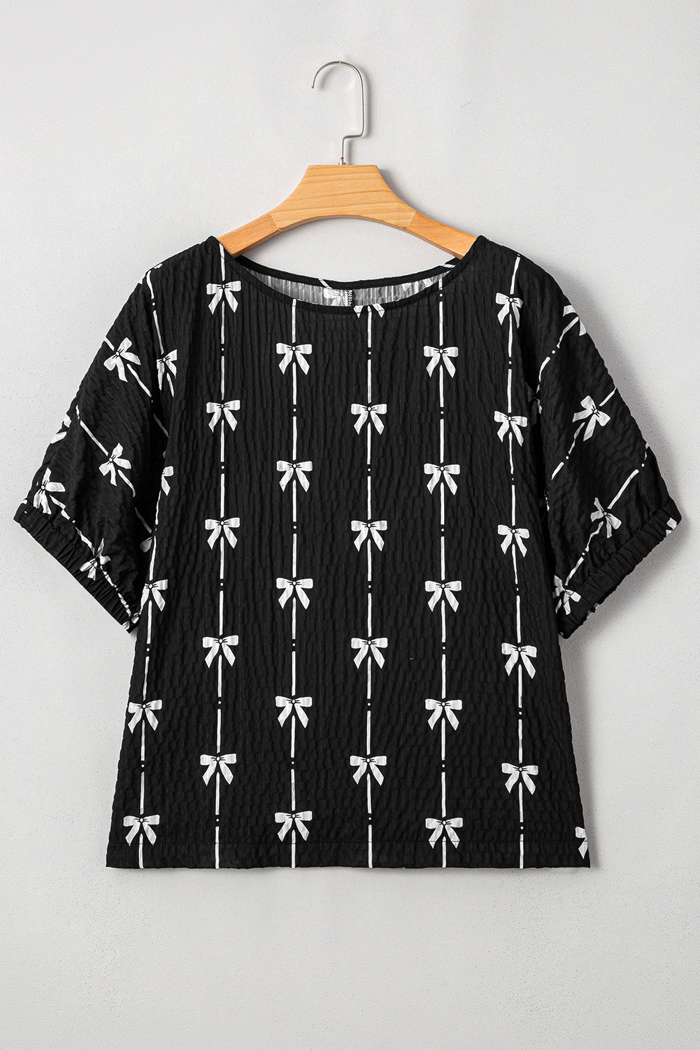 B&W Bow Print Puff Short Sleeve Top