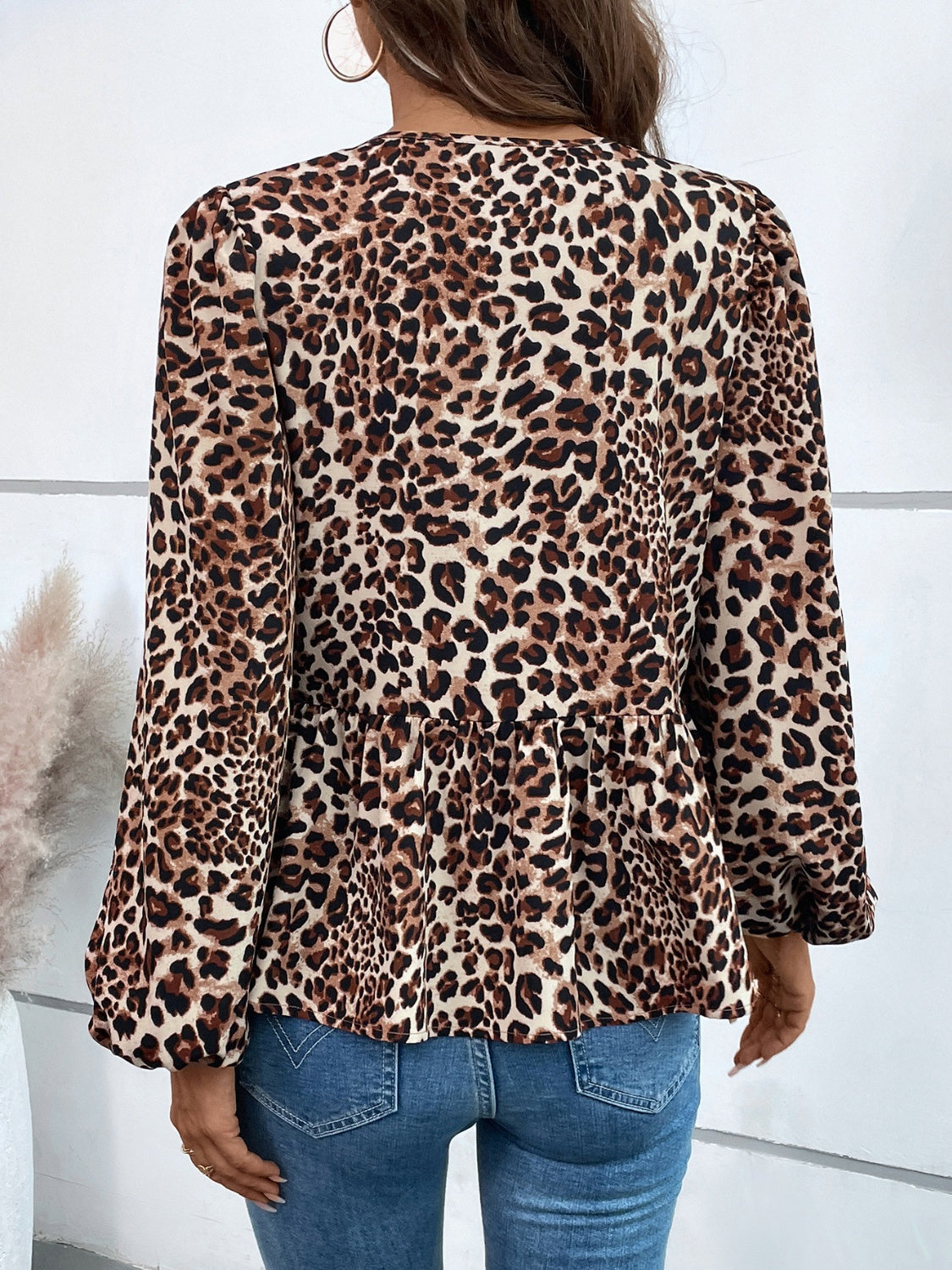 Leopard Peplum Tied Long Sleeve Blouse