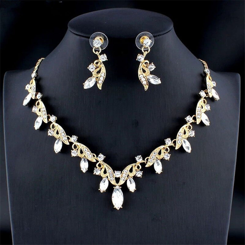 Floral Rhinestone Necklace Earring Sets