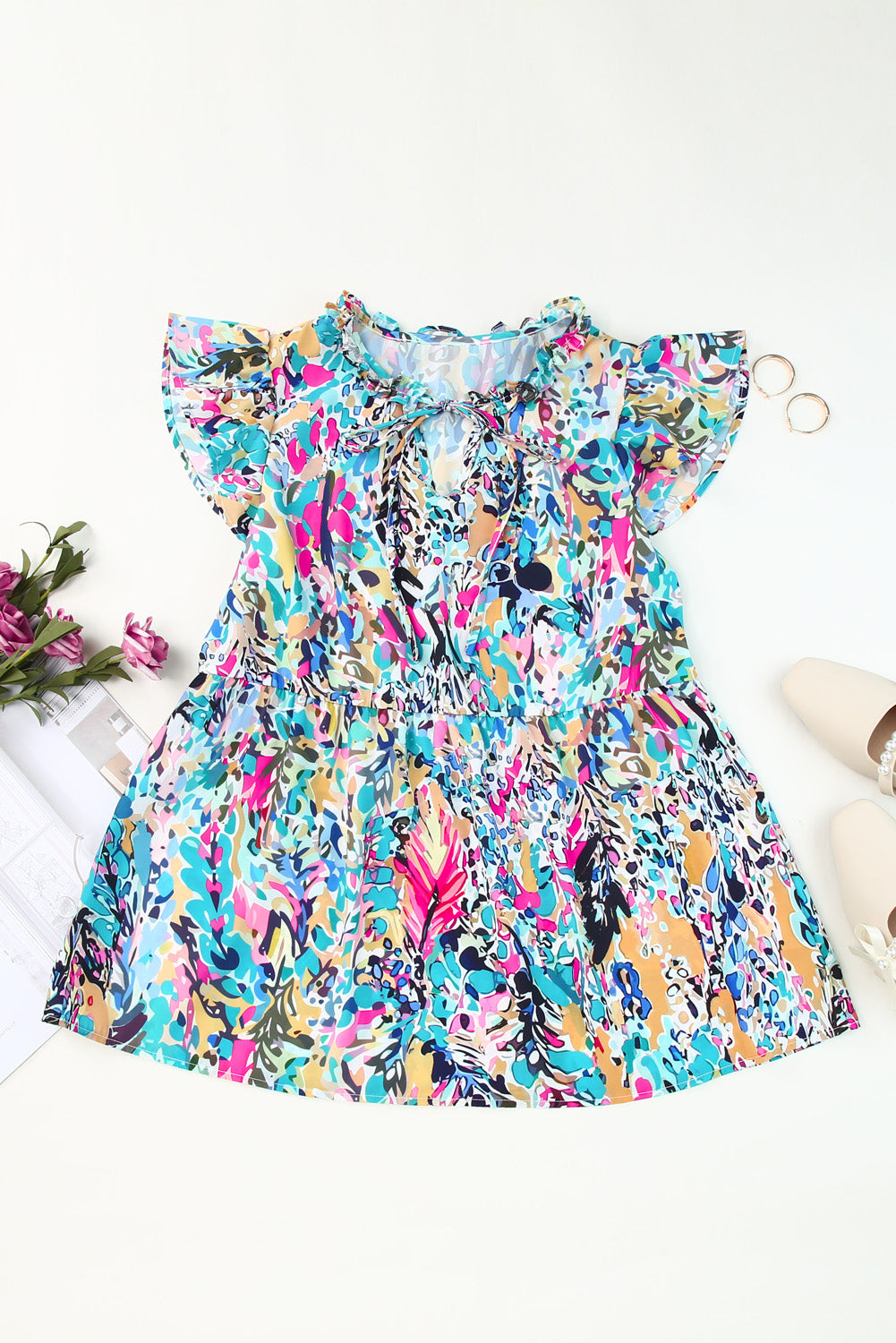 Multicolor Printed 3/4 Sleeve Split Neck Plus Size Tunic Top