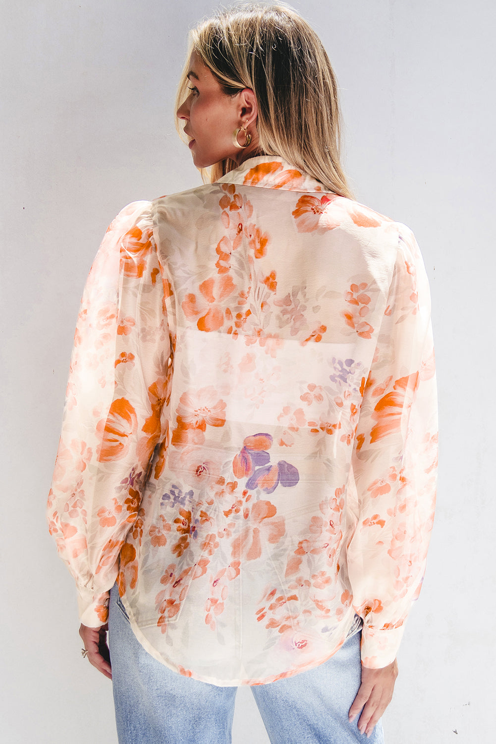 White Floral Long Balloon Sleeve Loose Blouse