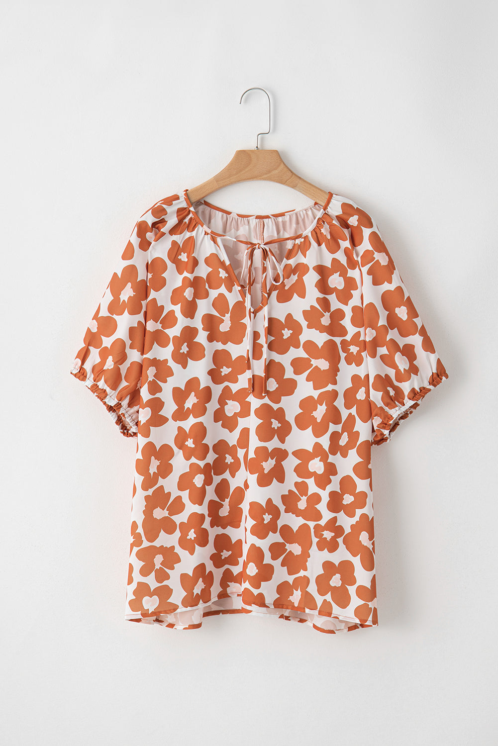 Orange Big Flower V Neck Short Sleeve Blouse