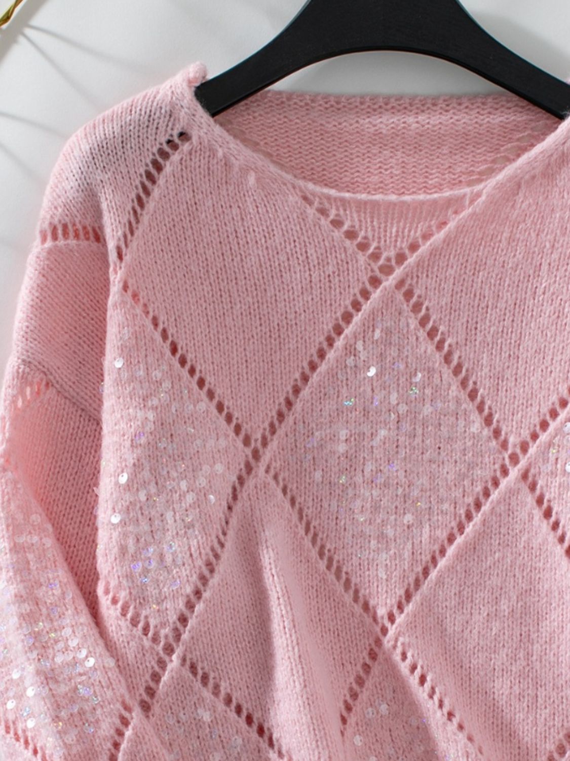 Openwork Round Neck Long Sleeve Pullover Sweater