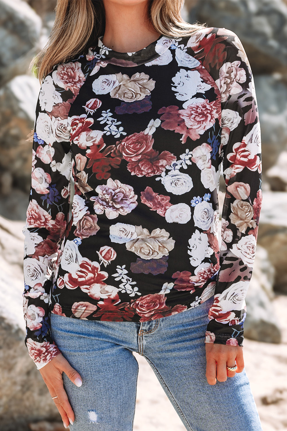 Black Floral Mesh Mock Neck Long Sleeve Top
