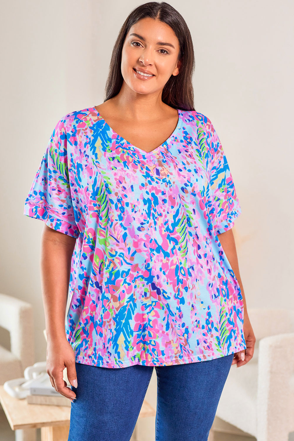 Multicolor Printed 3/4 Sleeve Split Neck Plus Size Tunic Top