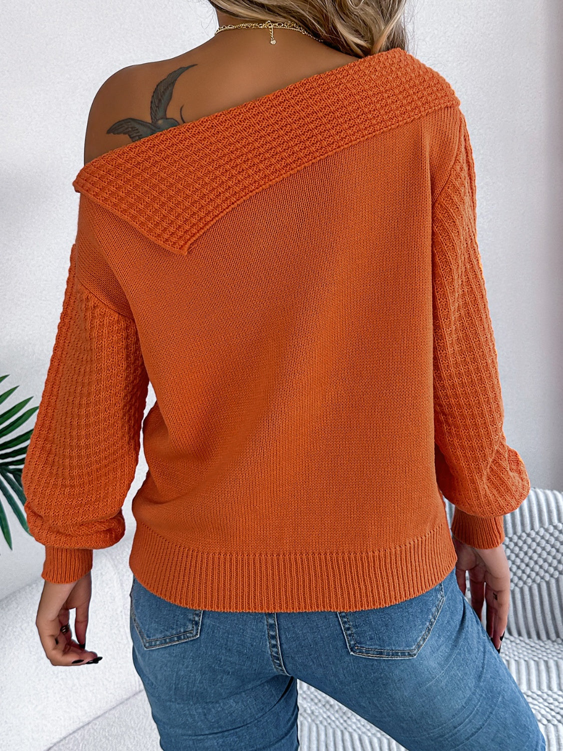Cable-Knit Off Shoulder Long Sleeve Sweater