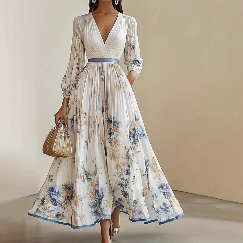 Blue Floral V-Neck Long Sleeve Maxi Dress