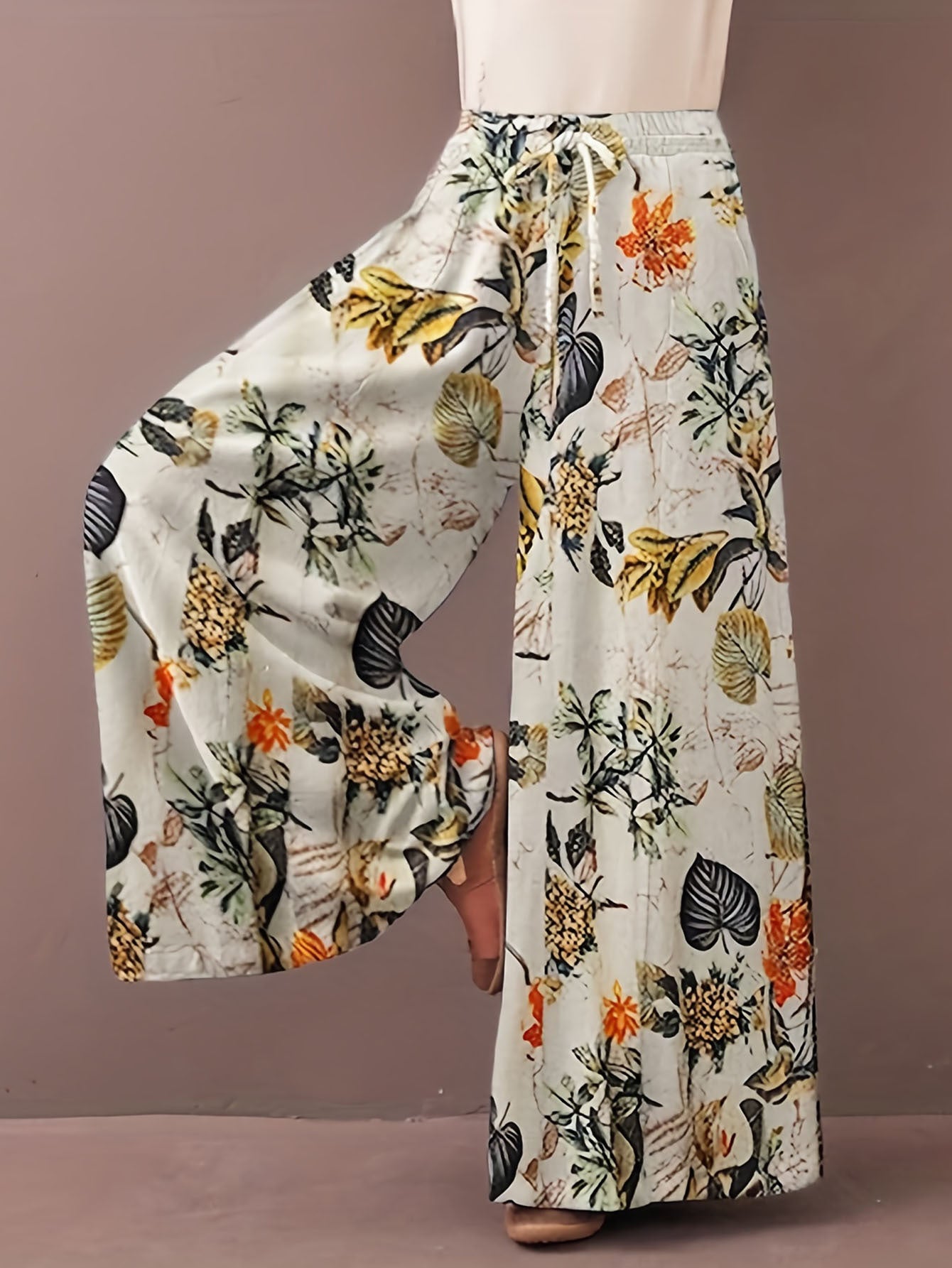 Botanical Print Loose Wide Leg Pants