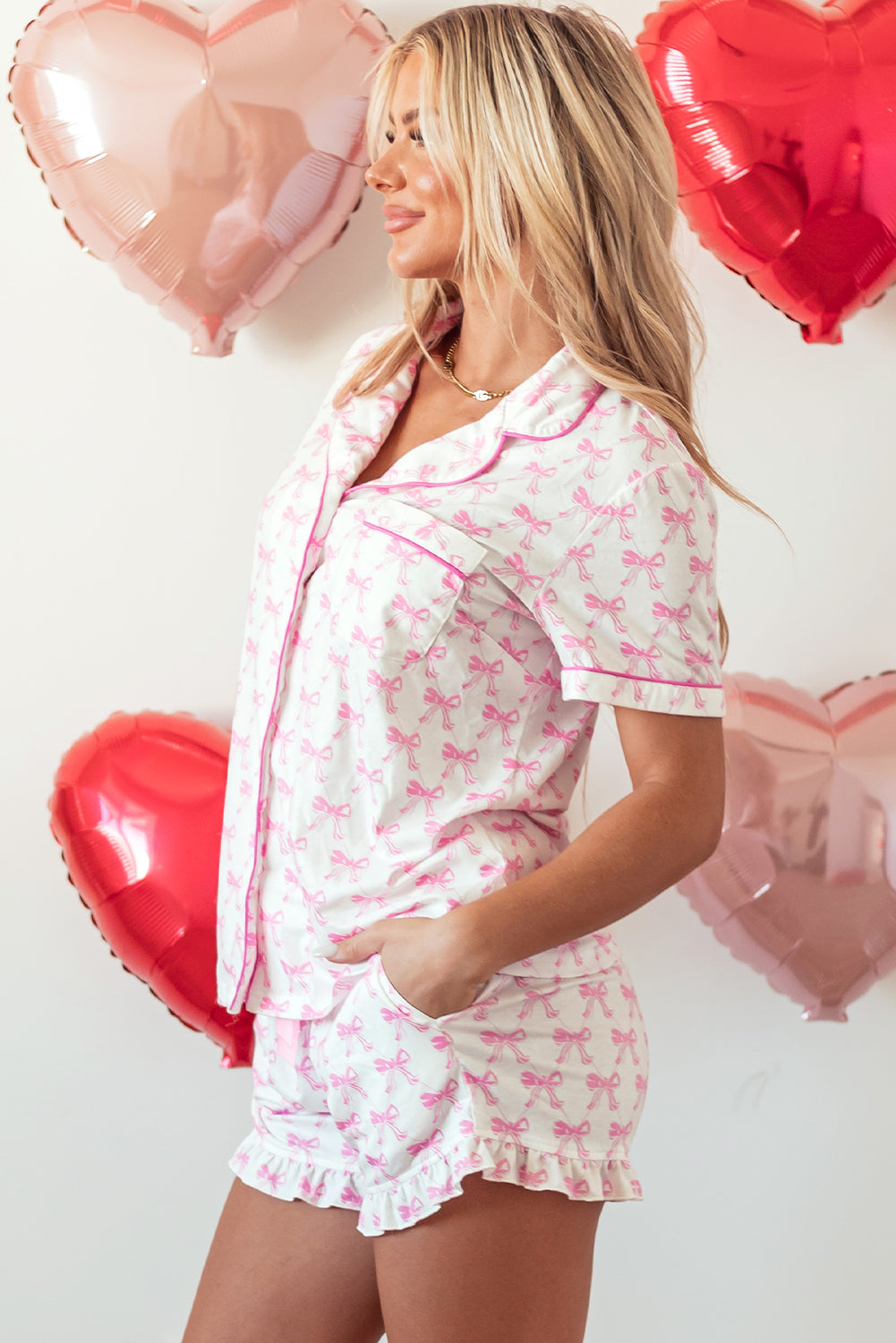 White Pink Bow Print Short Sleeve and Ruffled Shorts Pajama Set