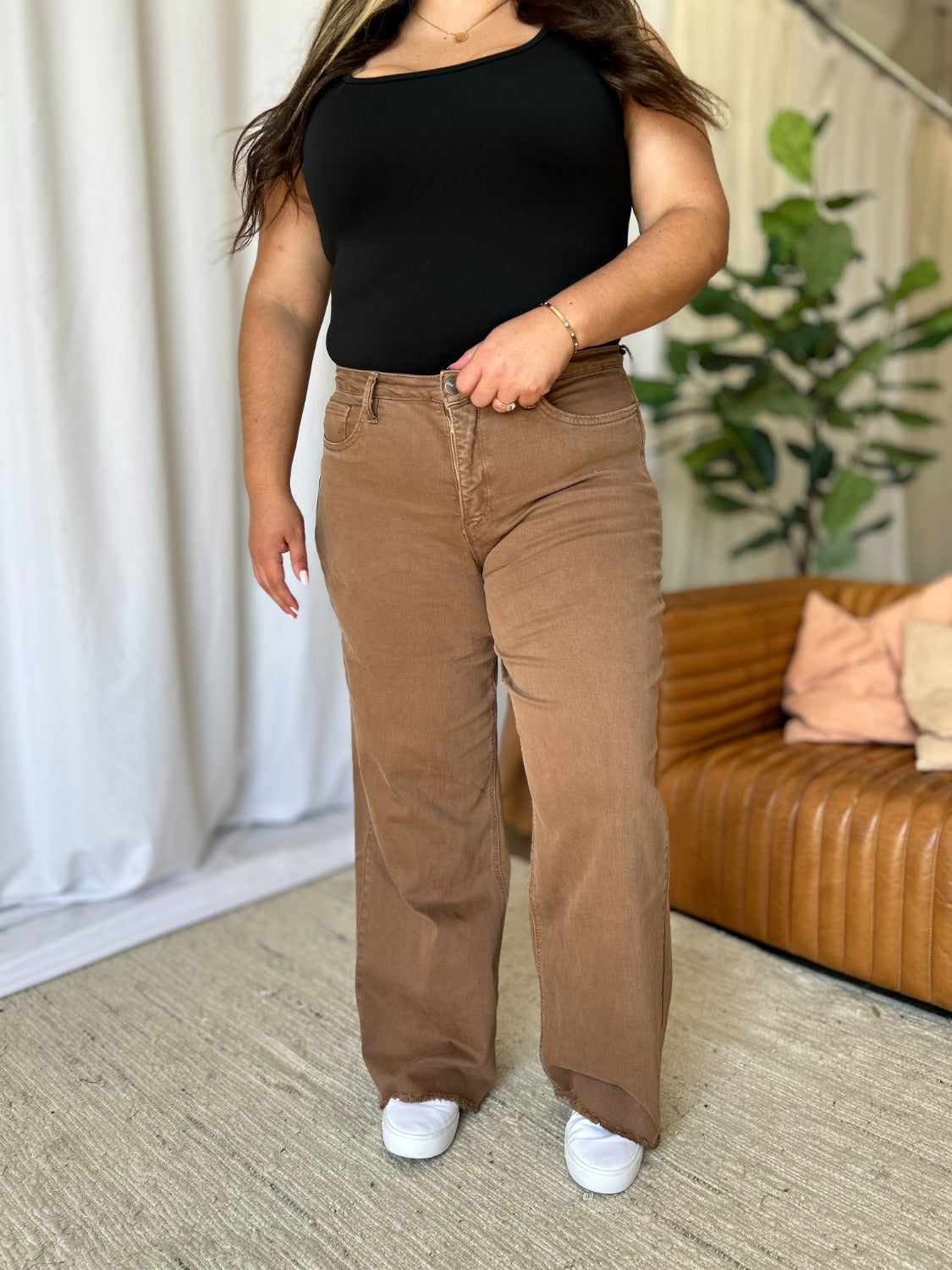 Brown Plus Size High Rise Wide Leg Jeans