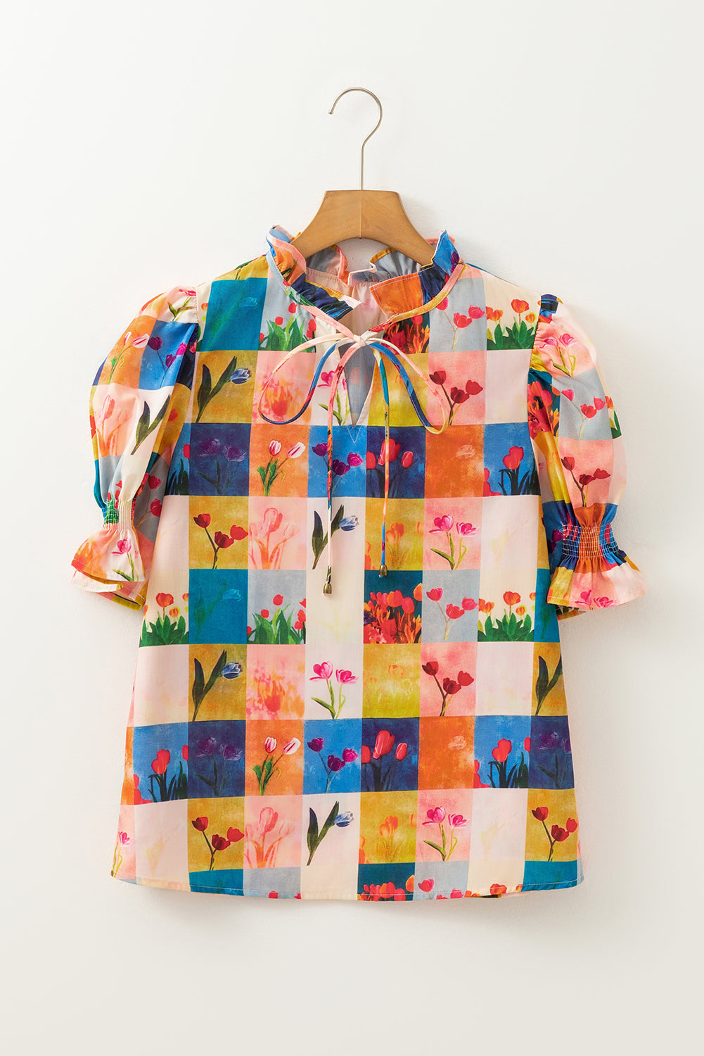 Multicolour Floral Checker Print Ruffled Half Puff Sleeve Blouse