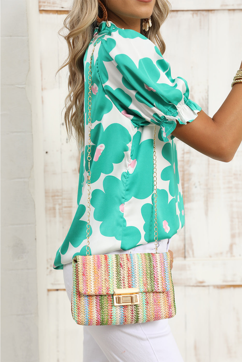 Rainbow Stripe Bohemian Woven Gold Chain Shoulder Bag