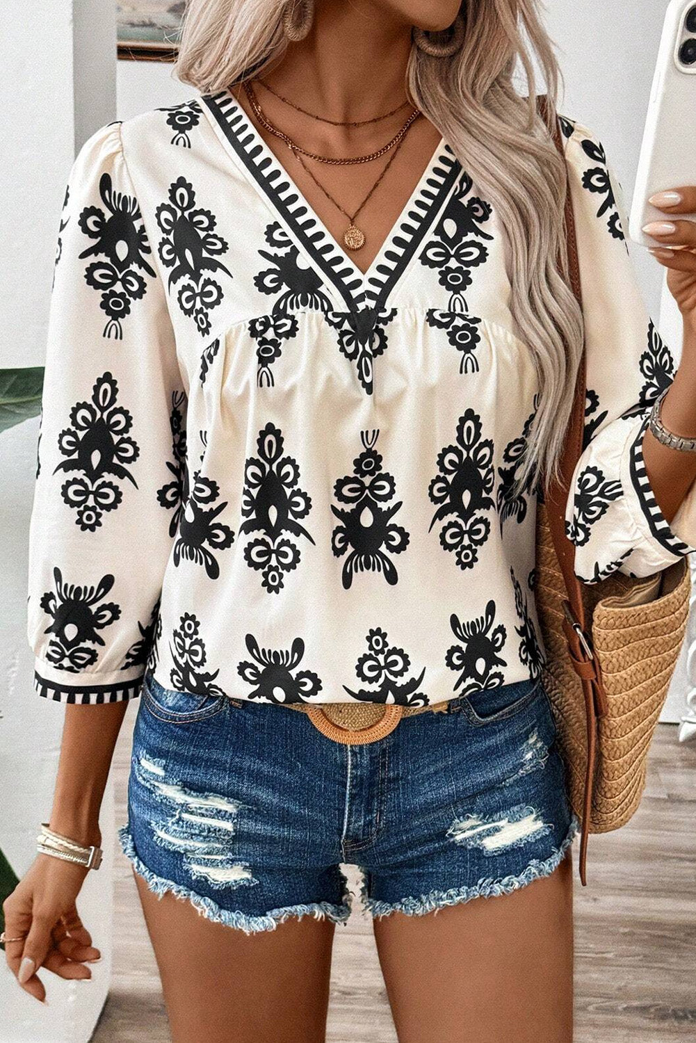 Beige Vintage Geo 3/4 Sleeve V Neck Blouse