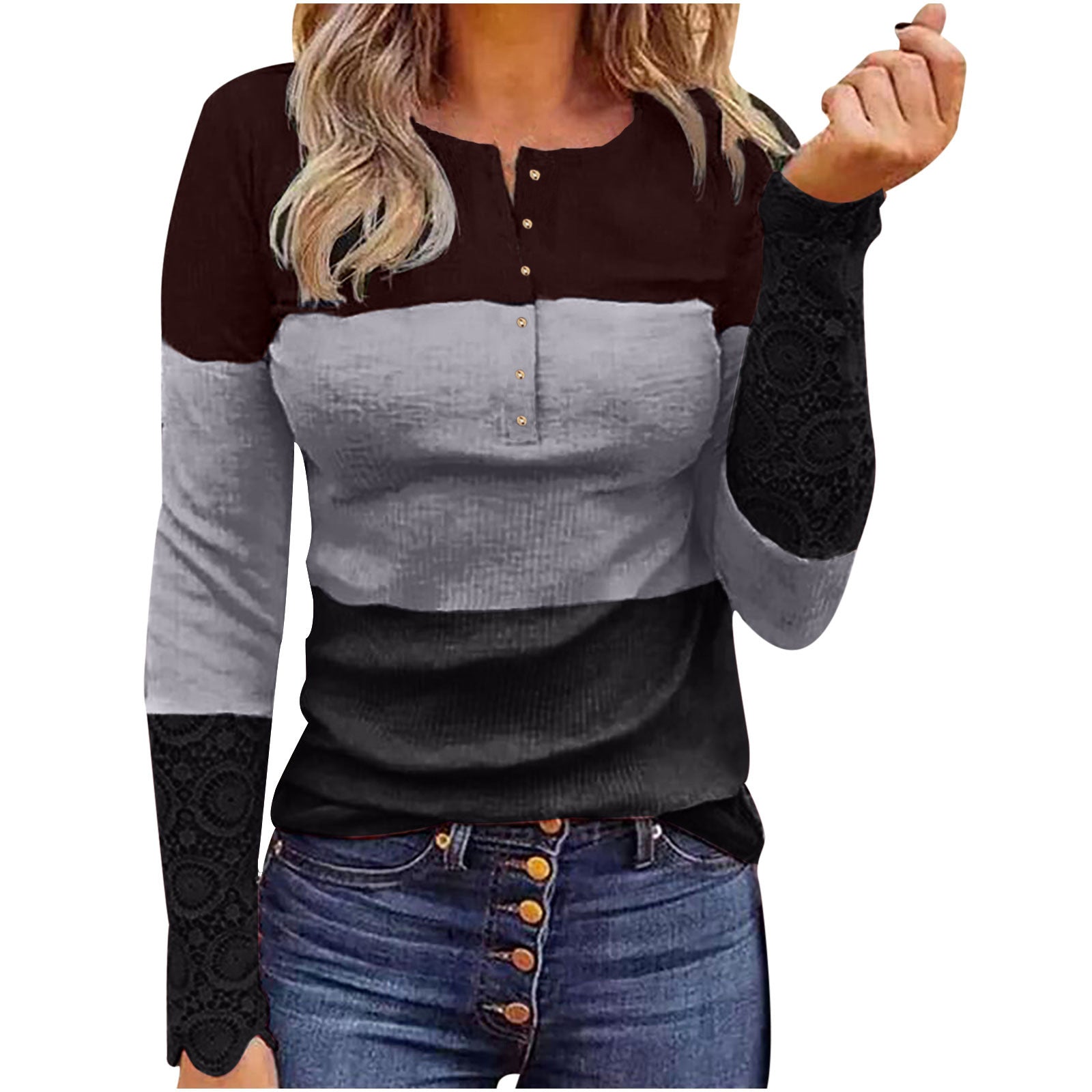 Color Block Long Sleeved Slim Fit Henley
