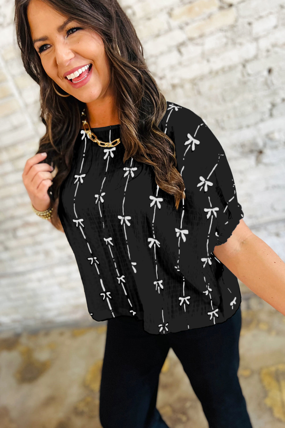 B&W Bow Print Puff Short Sleeve Top