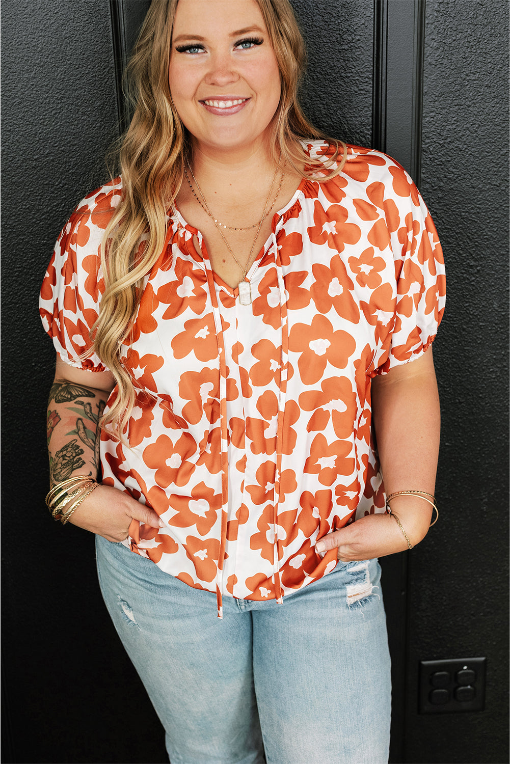 Orange Big Flower V Neck Short Sleeve Blouse