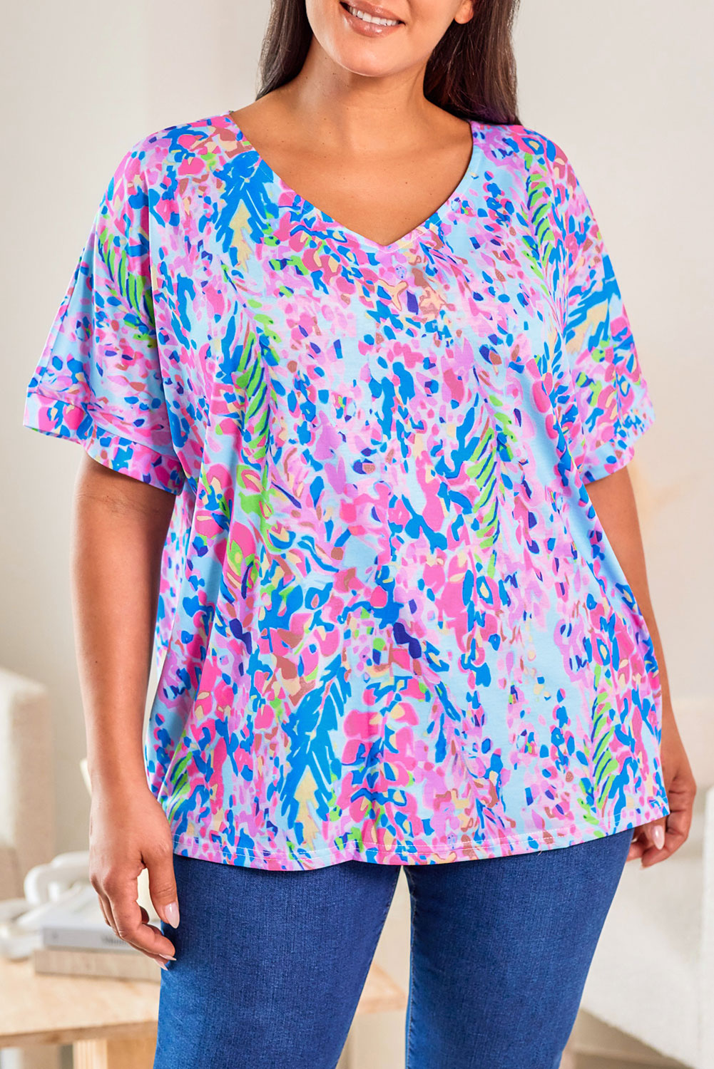 Multicolor Printed 3/4 Sleeve Split Neck Plus Size Tunic Top