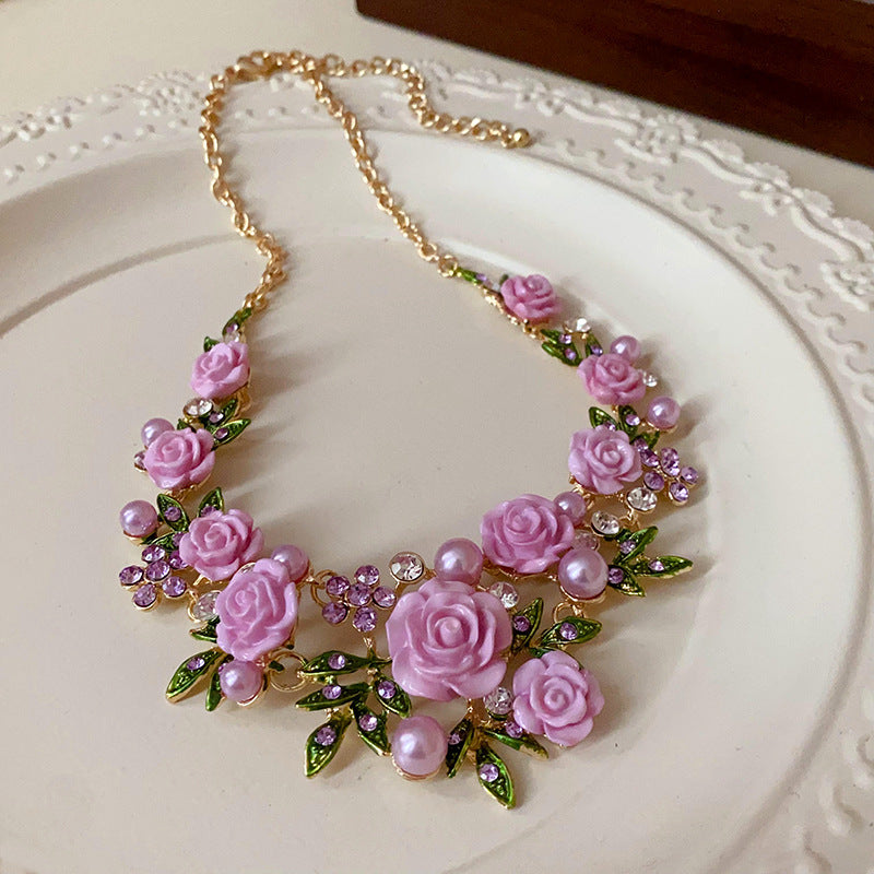 Pearl and Rhinestone-embedded Rose Necklace