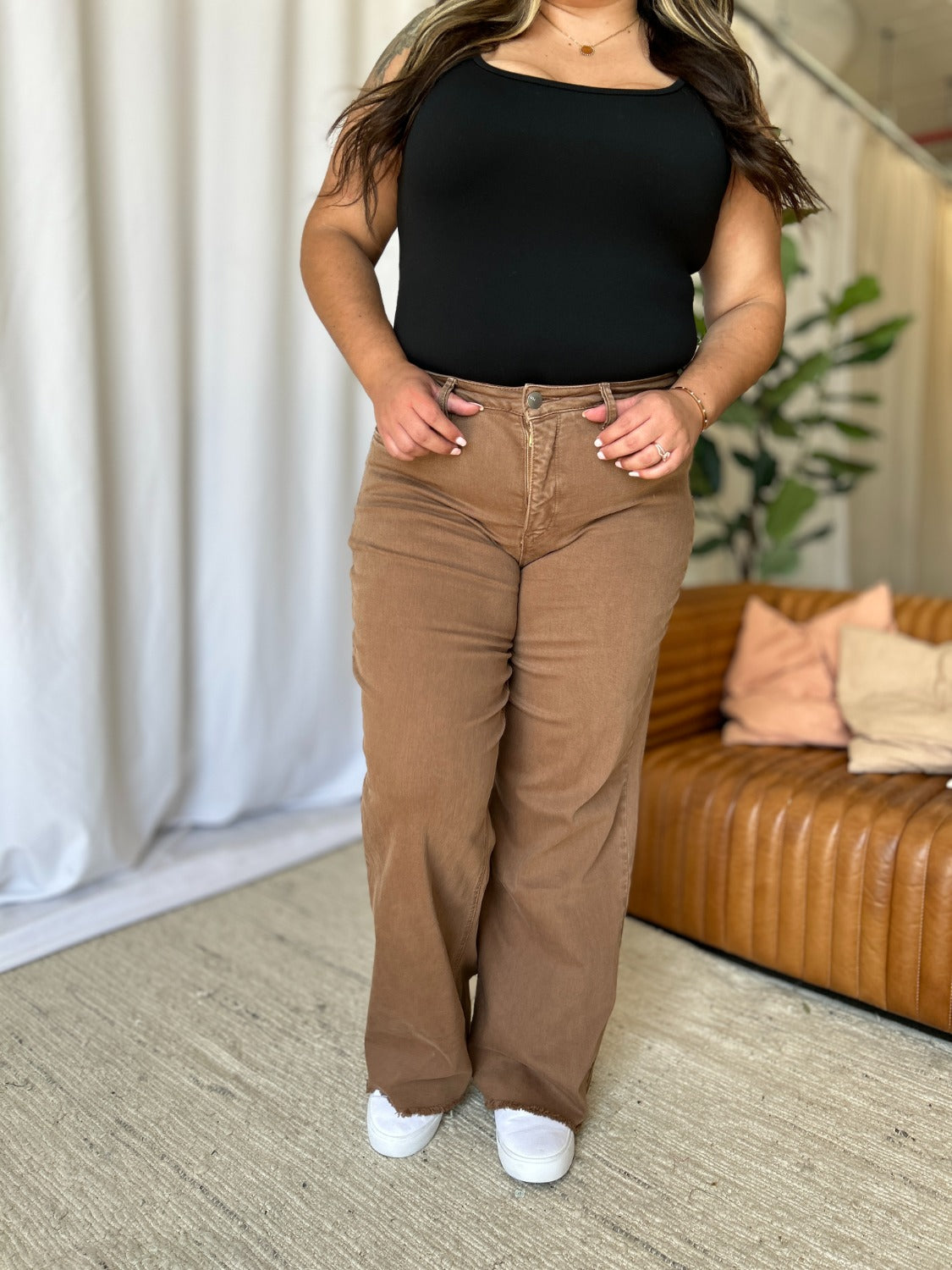 Brown Plus Size High Rise Wide Leg Jeans