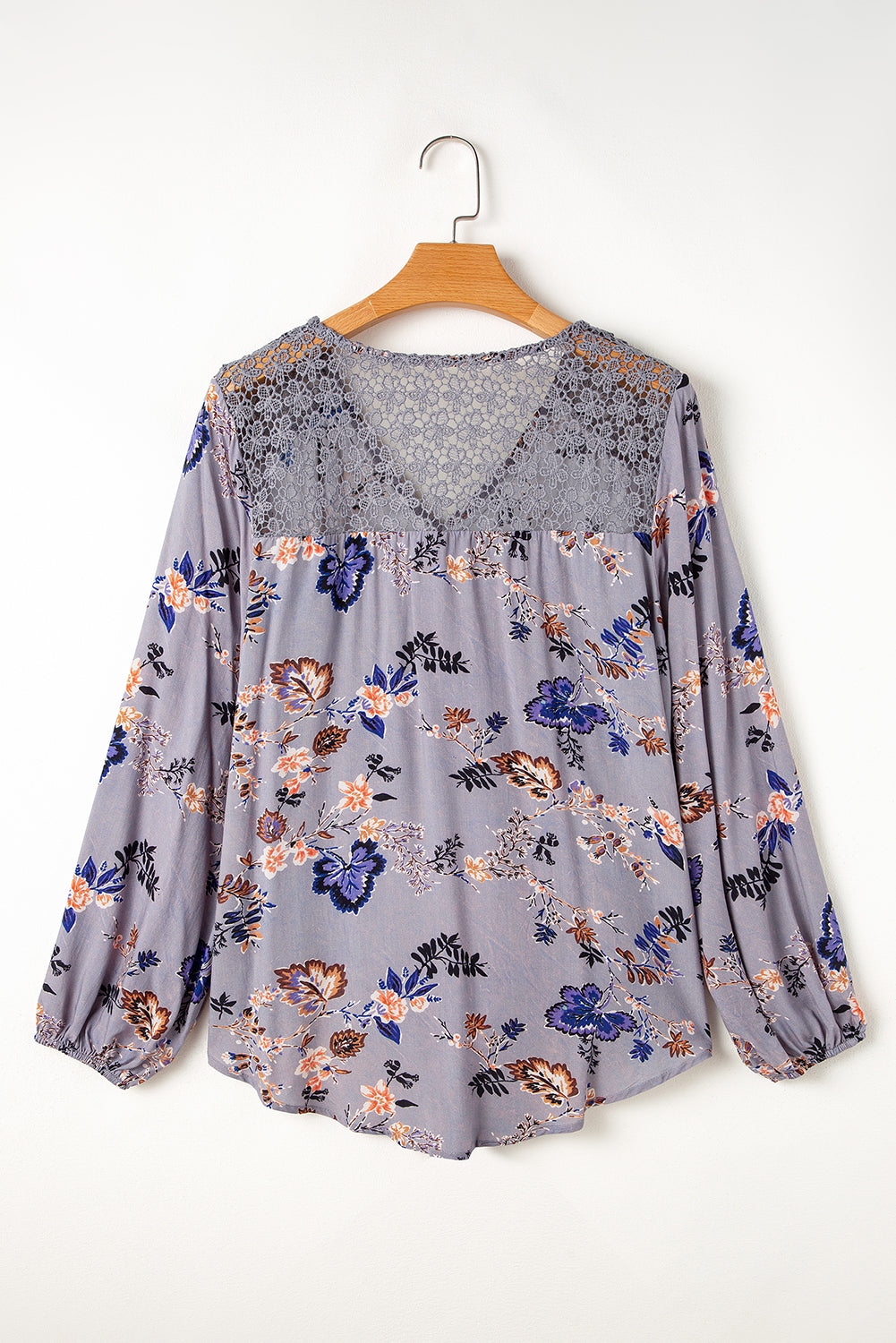 Blue Floral Lace Patchwork Knot Front V Neck Blouse