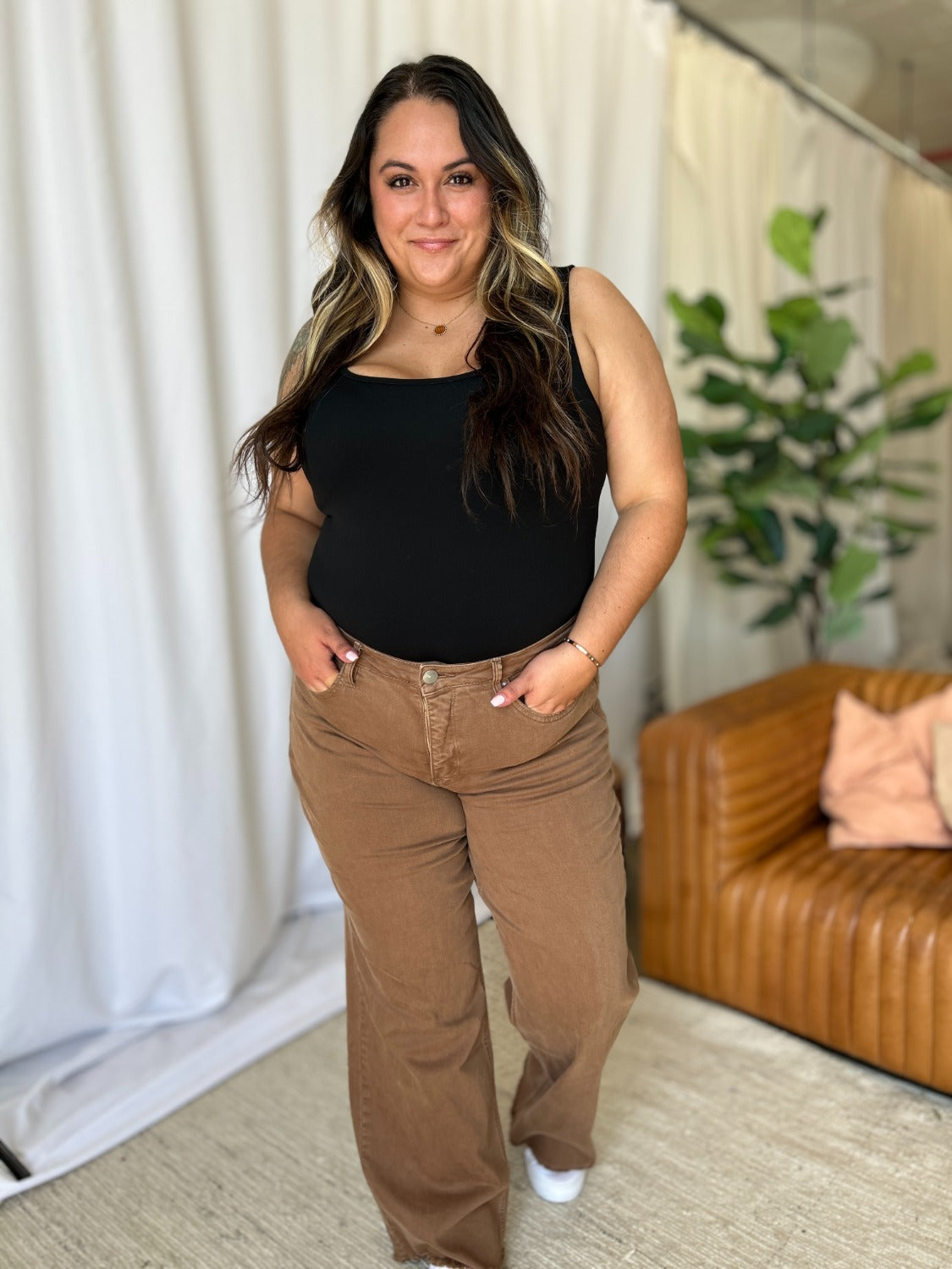 Brown Plus Size High Rise Wide Leg Jeans