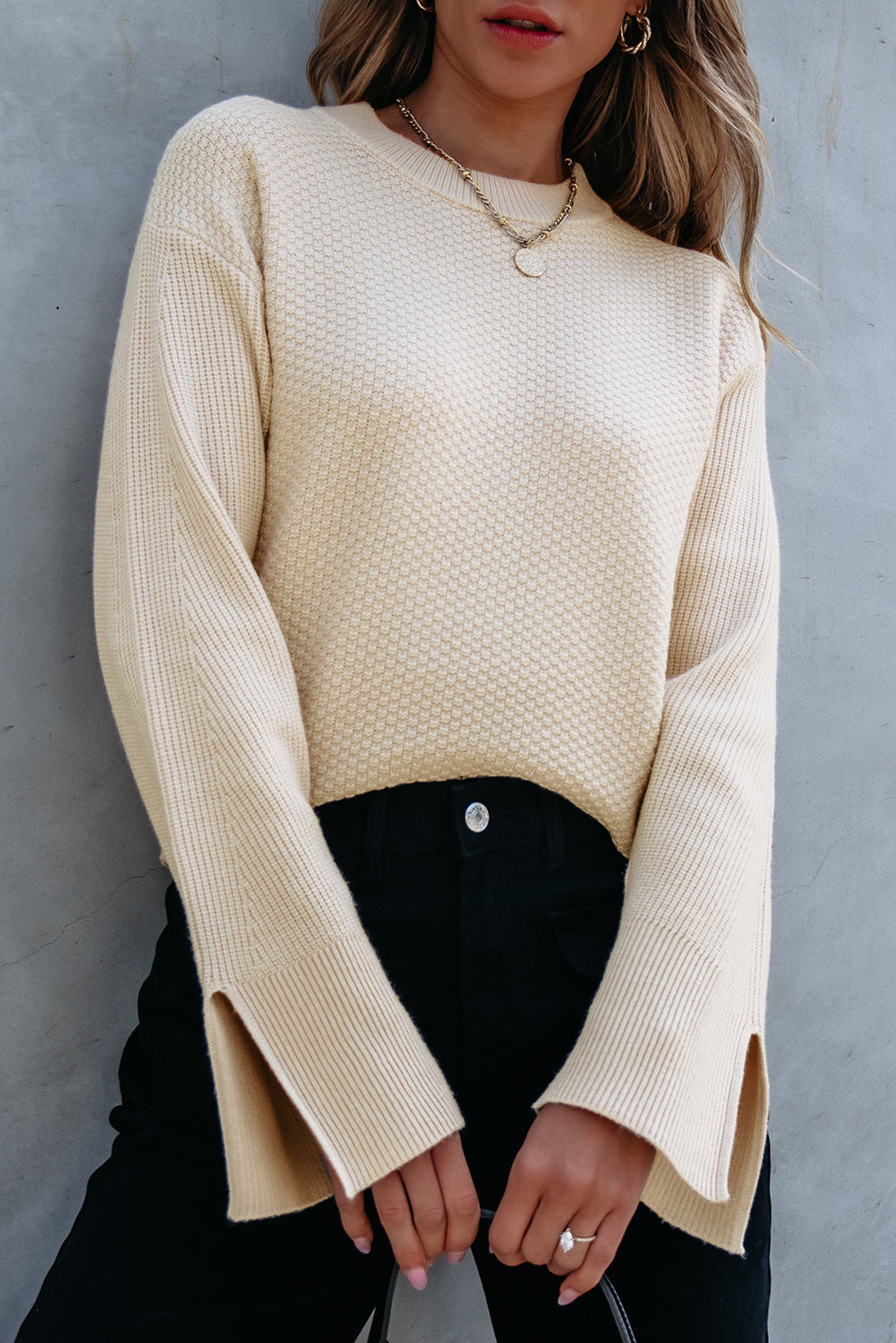 Parchment Textured Knit Split Cuff Drop Shoulder Loose Sweater