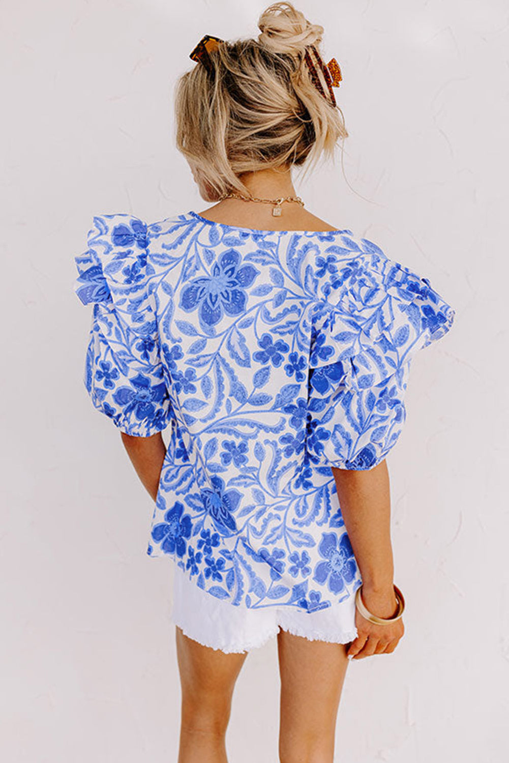 Blue Floral Ruffled Bubble Sleeve Blouse