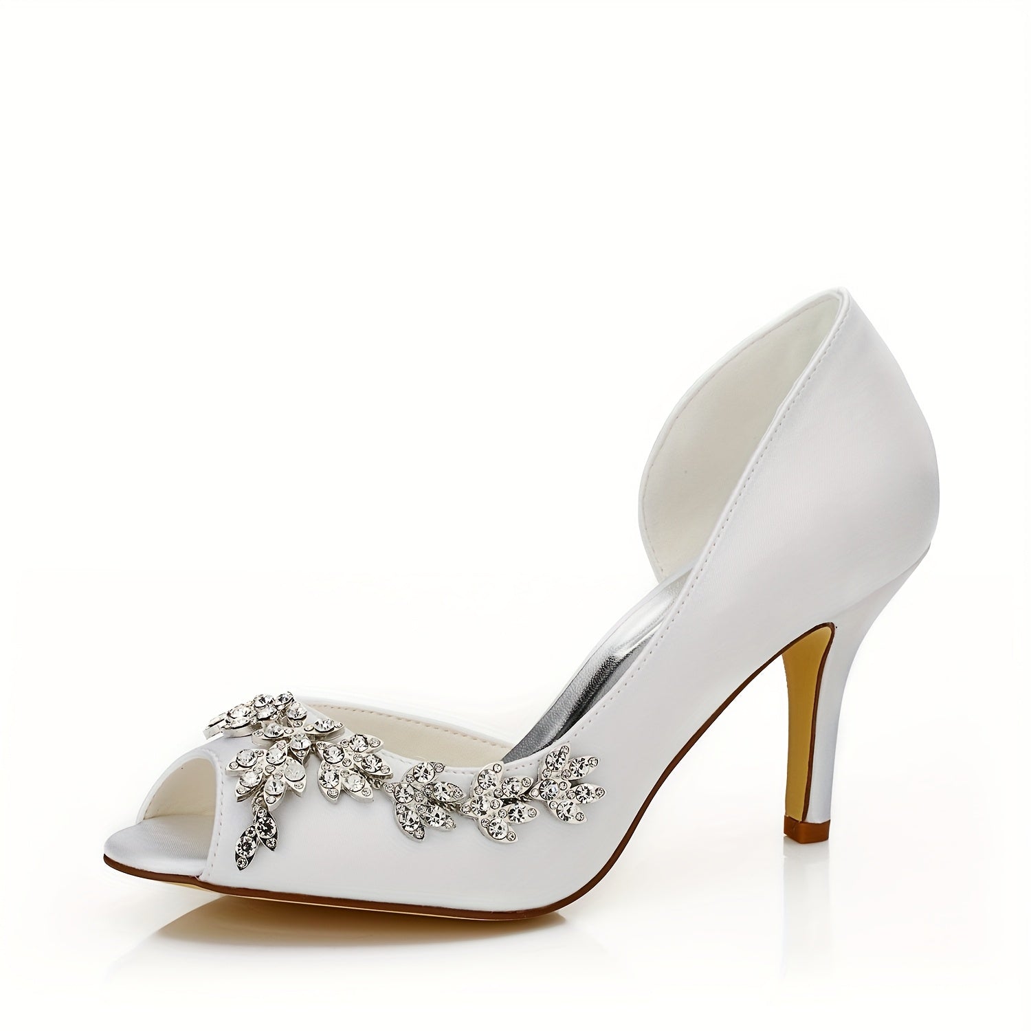 White Floral Rhinestone Peep-Toe Bridal Heels, Elegant Wedding Shoes