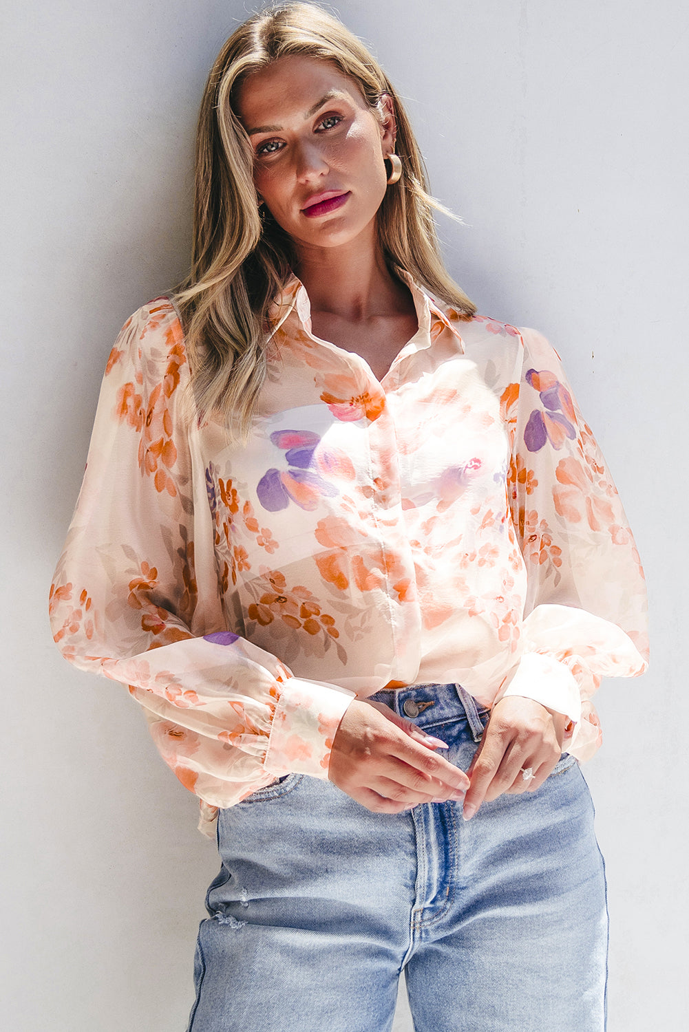 White Floral Long Balloon Sleeve Loose Blouse